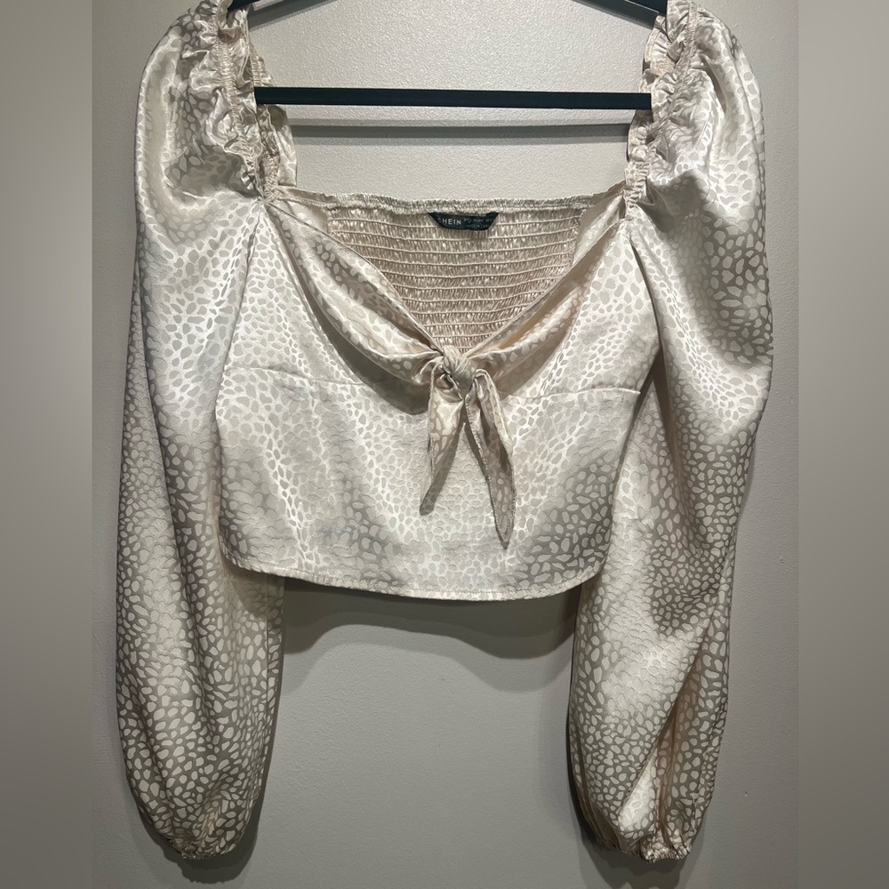 White Leopard Print Satin Long Sleeve Top with Tie Front sz 8/10